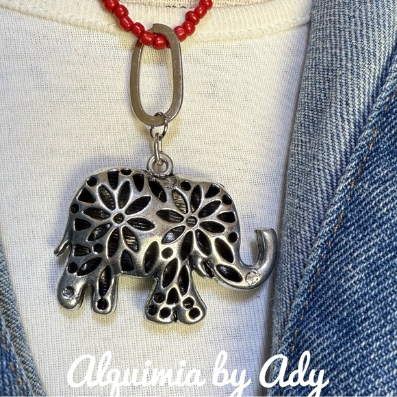 Big Silver Elephant Necklace with Red Beads - Picture 3 of 3